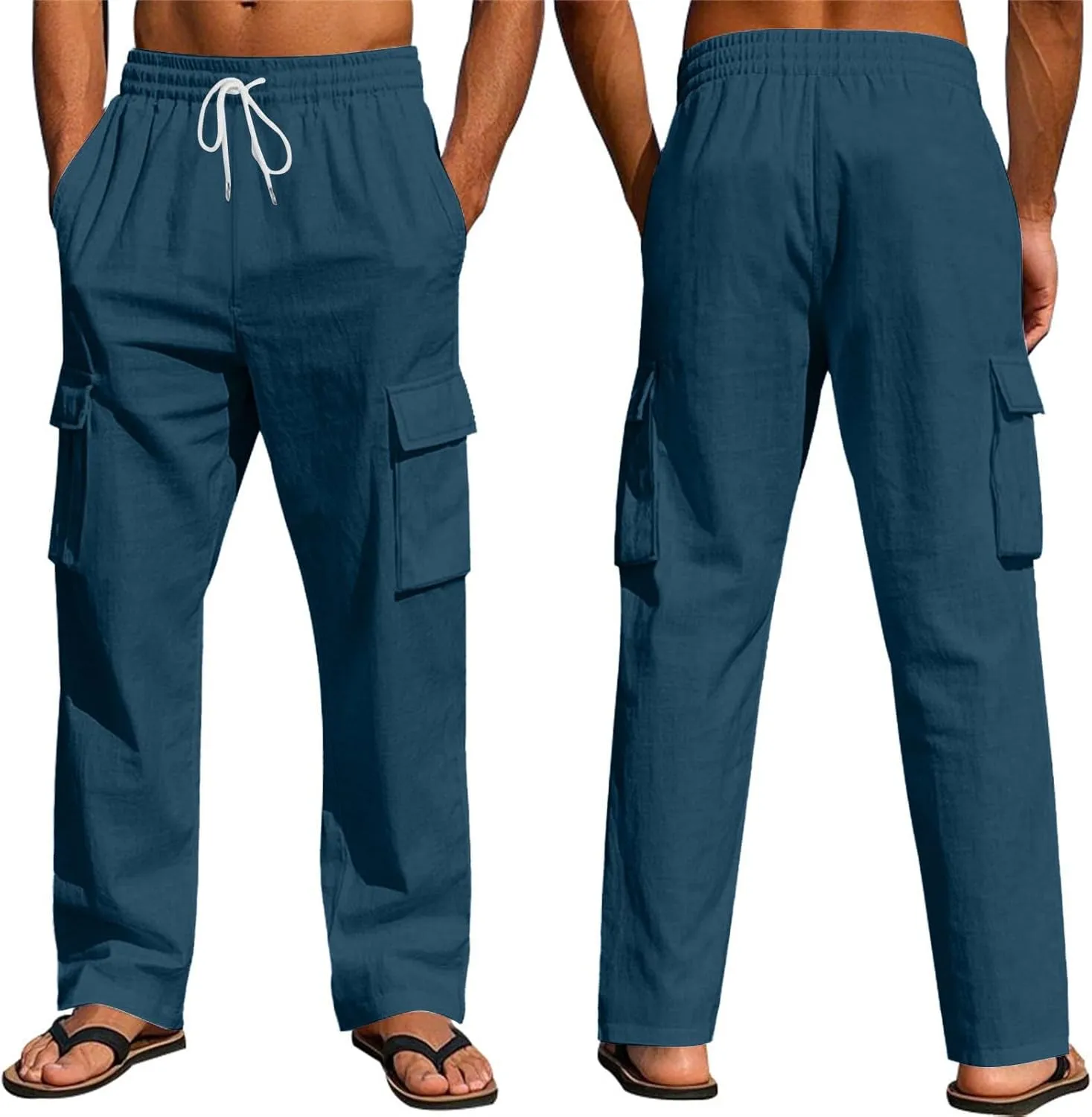 Men's Linen Breathable Cargo Multi-Pocket Loose Casual Wide Leg Pants