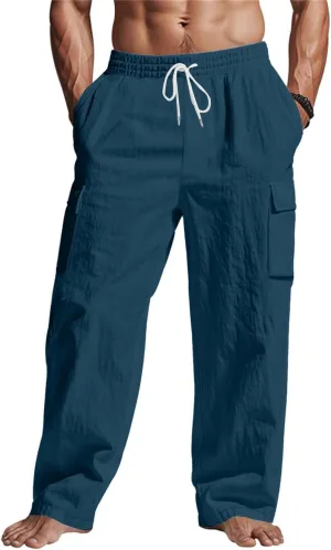 Men's Linen Breathable Cargo Multi-Pocket Loose Casual Wide Leg Pants