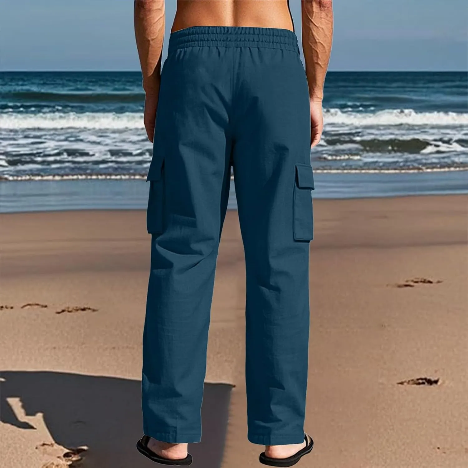 Men's Linen Breathable Cargo Multi-Pocket Loose Casual Wide Leg Pants
