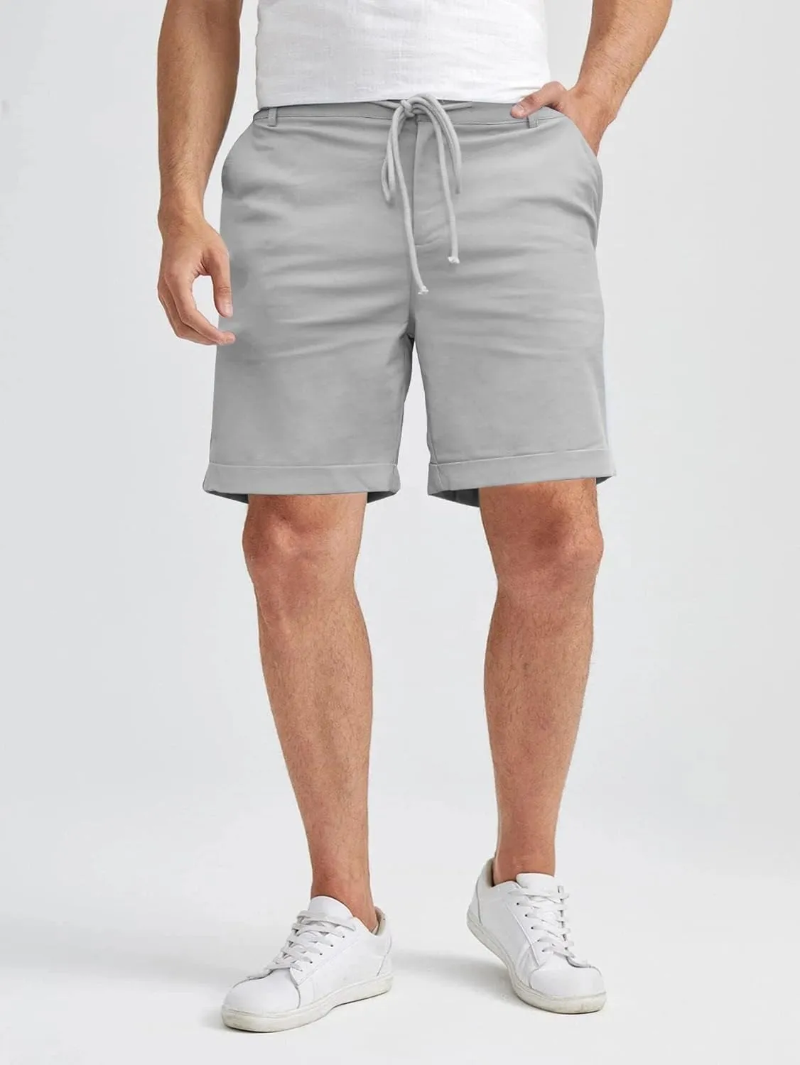 Men's Linen Casual Classic Short Elastic Waist Summer Beach Lightweight Board Slim-Fit with Pockets