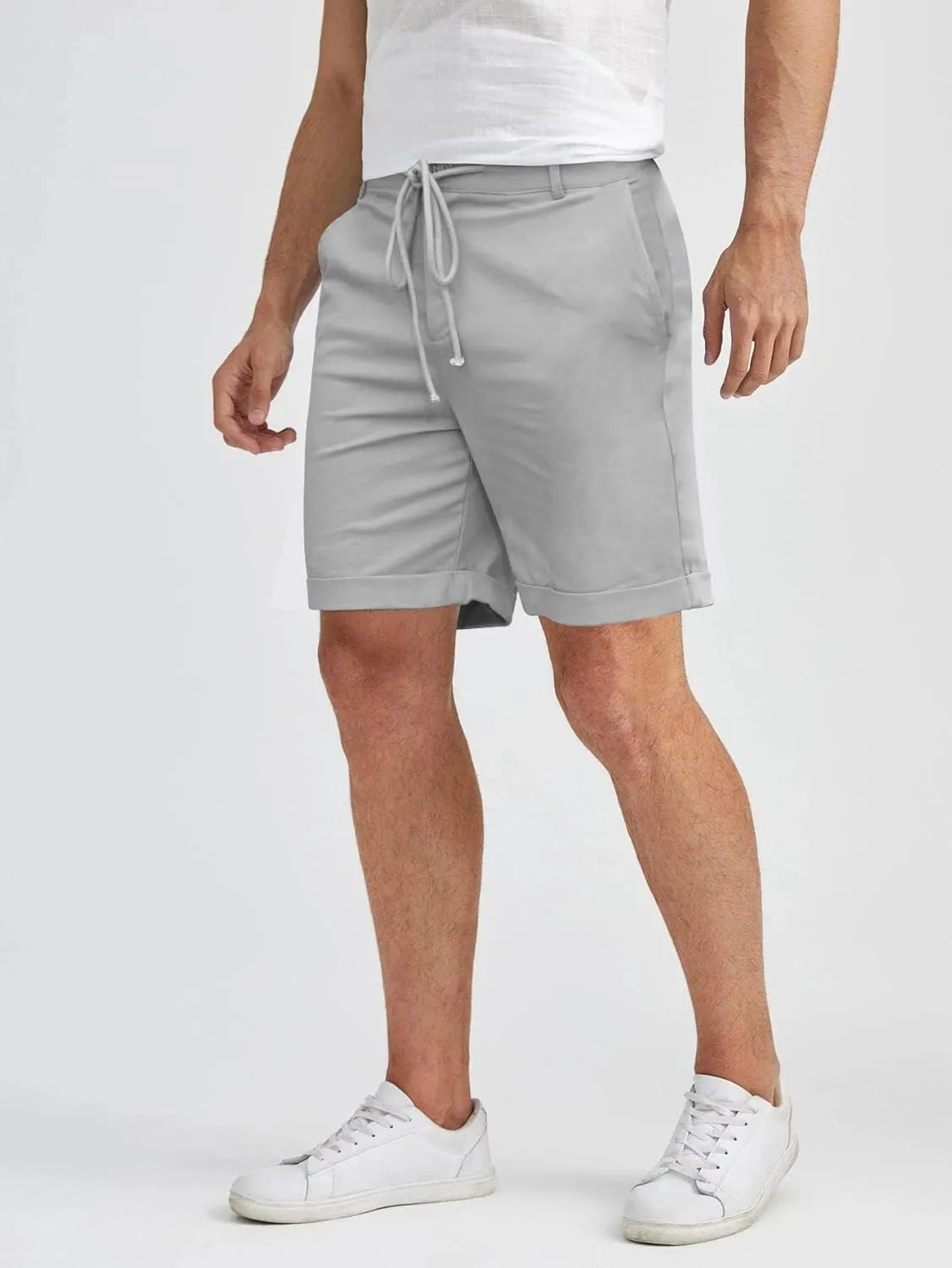 Men's Linen Casual Classic Short Elastic Waist Summer Beach Lightweight Board Slim-Fit with Pockets