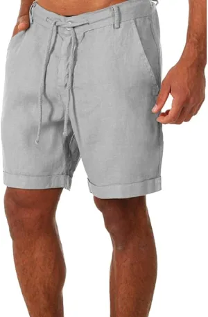 Men's Linen Casual Classic Short Elastic Waist Summer Beach Lightweight Board Slim-Fit with Pockets