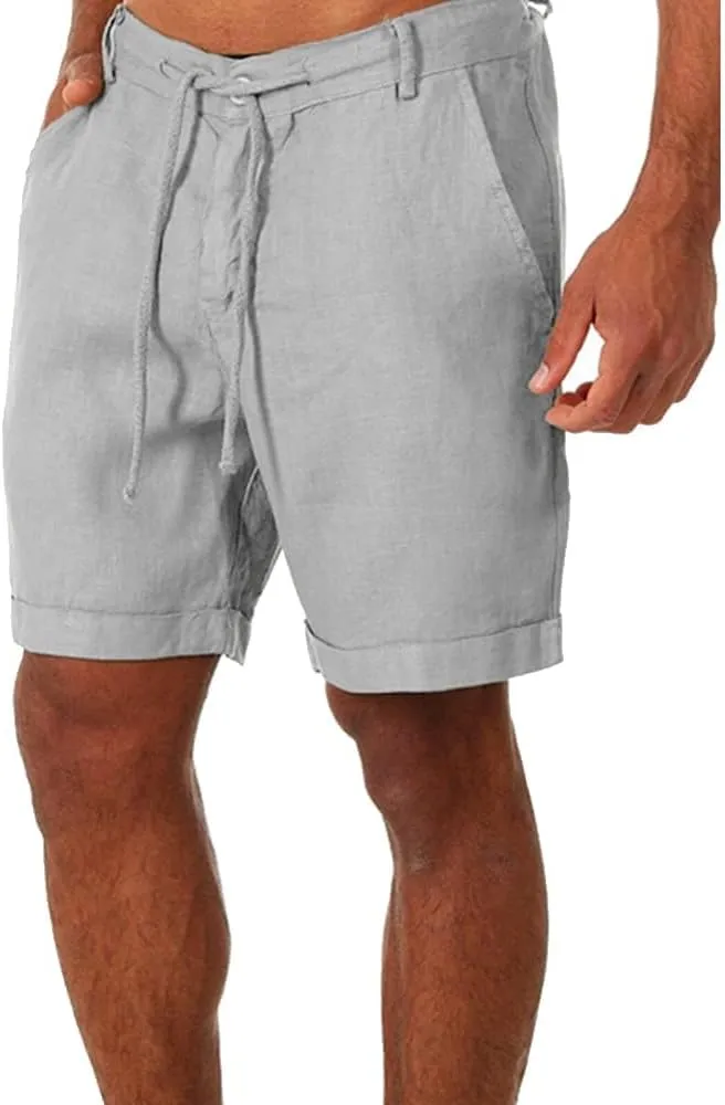 Men's Linen Casual Classic Short Elastic Waist Summer Beach Lightweight Board Slim-Fit with Pockets