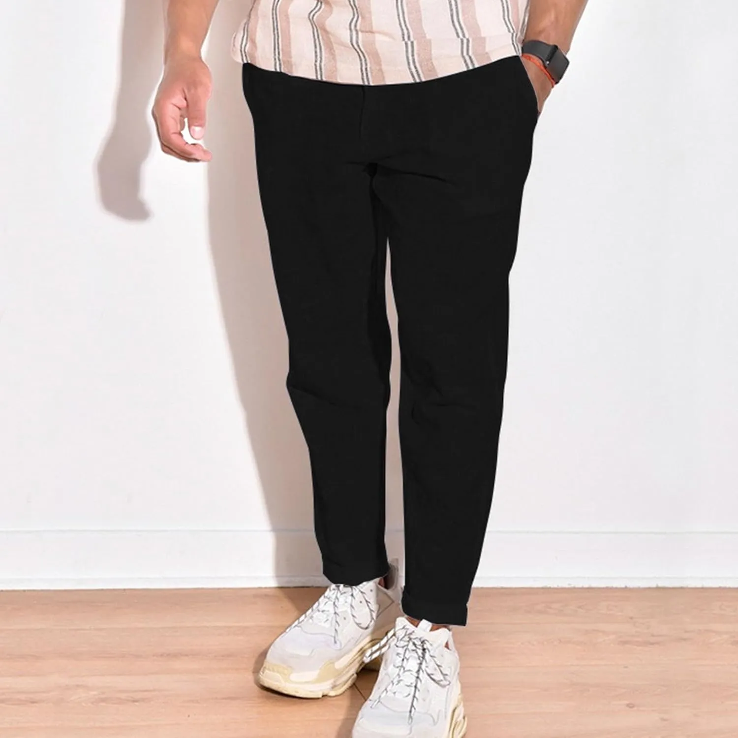 Men's Solid Cotton Linen Basic Pants Loose Fit Classic Beach Trousers Elastic Waist Lightweight Summer Pants