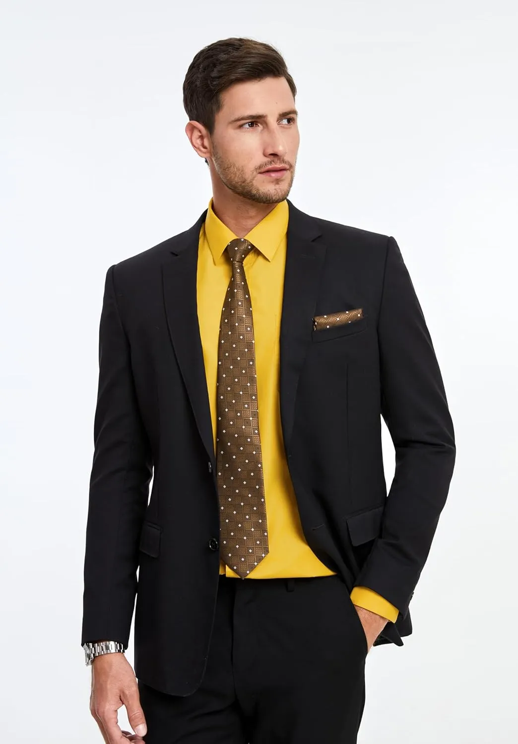 Men's Solid Long Sleeve Dress Shirt with Matching Tie and Handkerchief Set Classic Button Down Formal Business Shirts