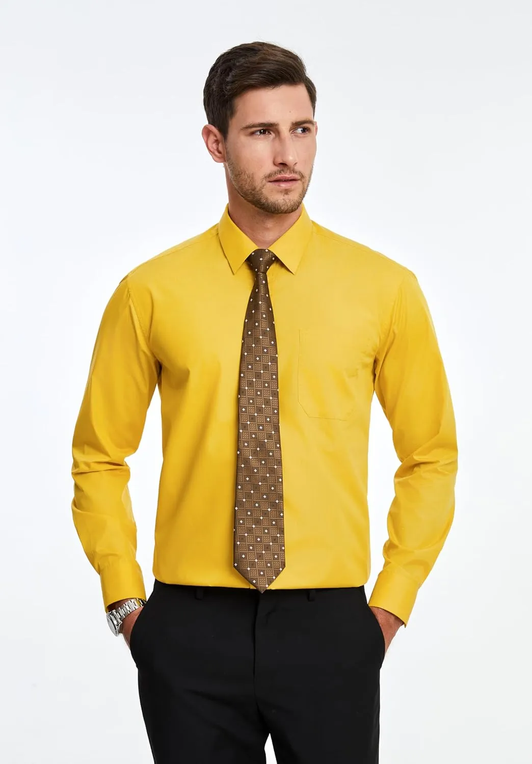 Men's Solid Long Sleeve Dress Shirt with Matching Tie and Handkerchief Set Classic Button Down Formal Business Shirts