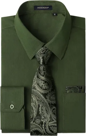 Men's Solid Long Sleeve Dress Shirt with Matching Tie and Handkerchief Set Classic Button Down Formal Business Shirts