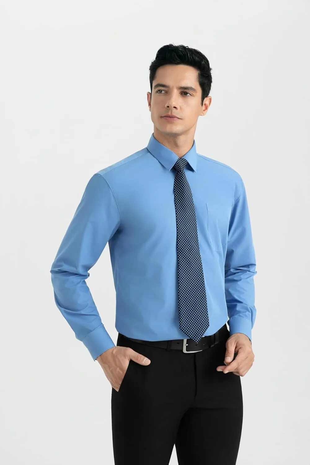 Men's Solid Long Sleeve Dress Shirt with Matching Tie and Handkerchief Set Classic Button Down Formal Business Shirts