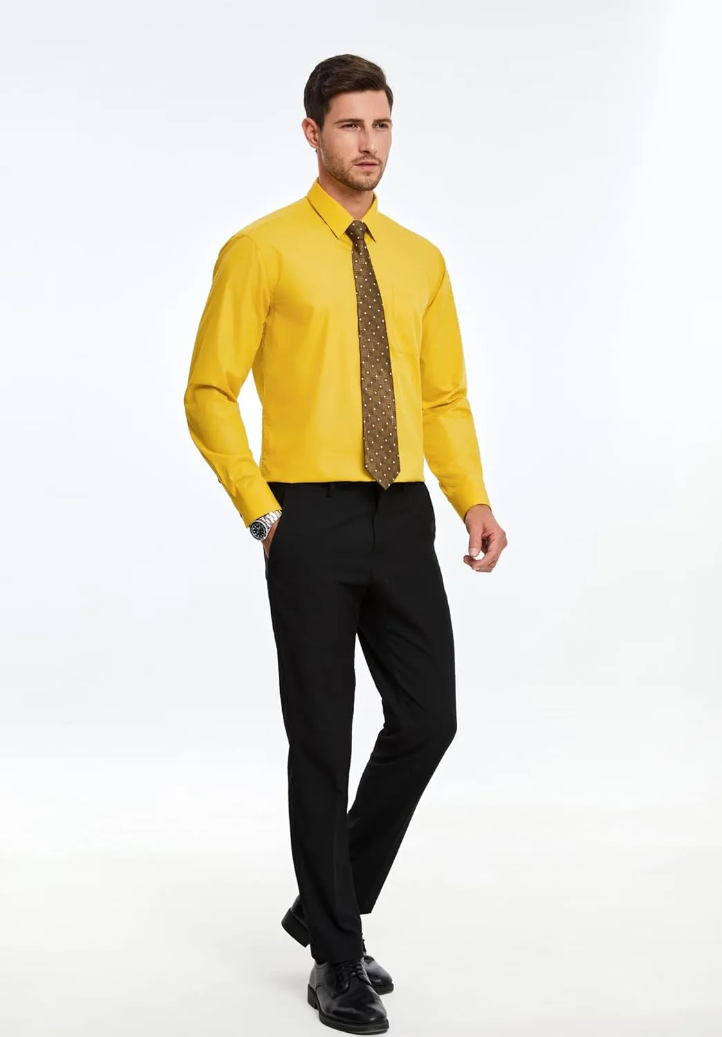 Men's Solid Long Sleeve Dress Shirt with Matching Tie and Handkerchief Set Classic Button Down Formal Business Shirts