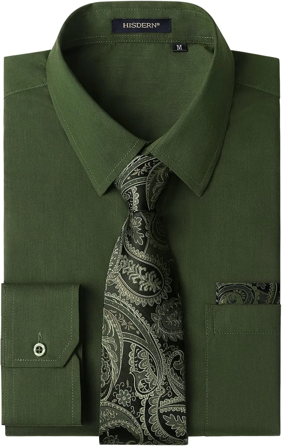 Men's Solid Long Sleeve Dress Shirt with Matching Tie and Handkerchief Set Classic Button Down Formal Business Shirts