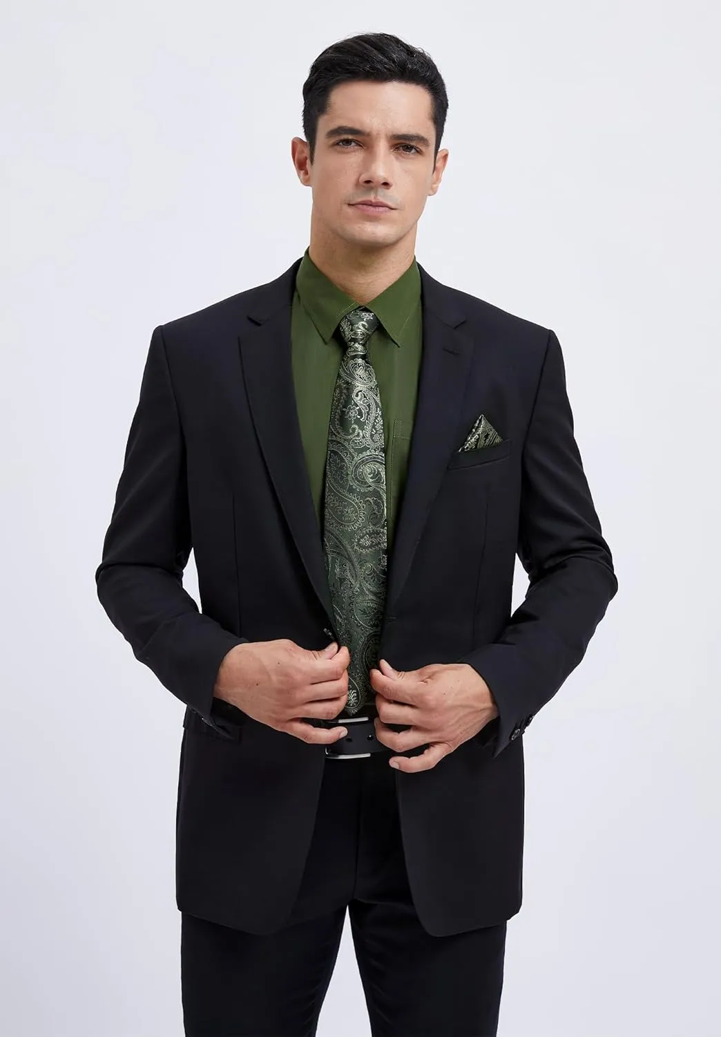 Men's Solid Long Sleeve Dress Shirt with Matching Tie and Handkerchief Set Classic Button Down Formal Business Shirts