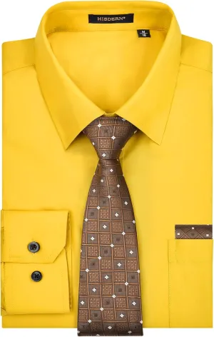 Men's Solid Long Sleeve Dress Shirt with Matching Tie and Handkerchief Set Classic Button Down Formal Business Shirts