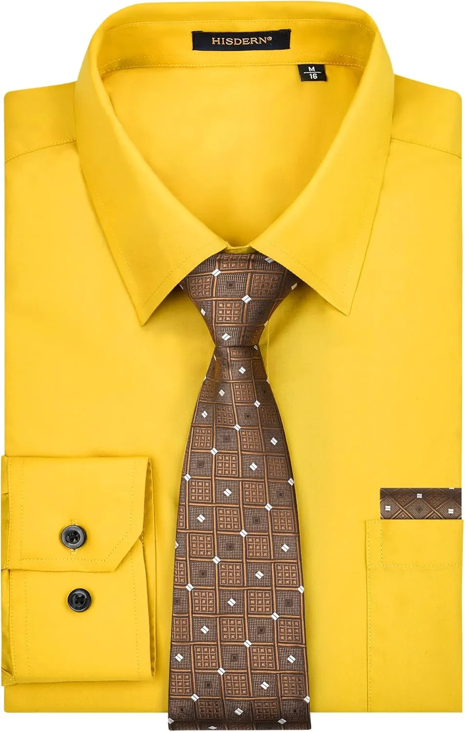 Men's Solid Long Sleeve Dress Shirt with Matching Tie and Handkerchief Set Classic Button Down Formal Business Shirts