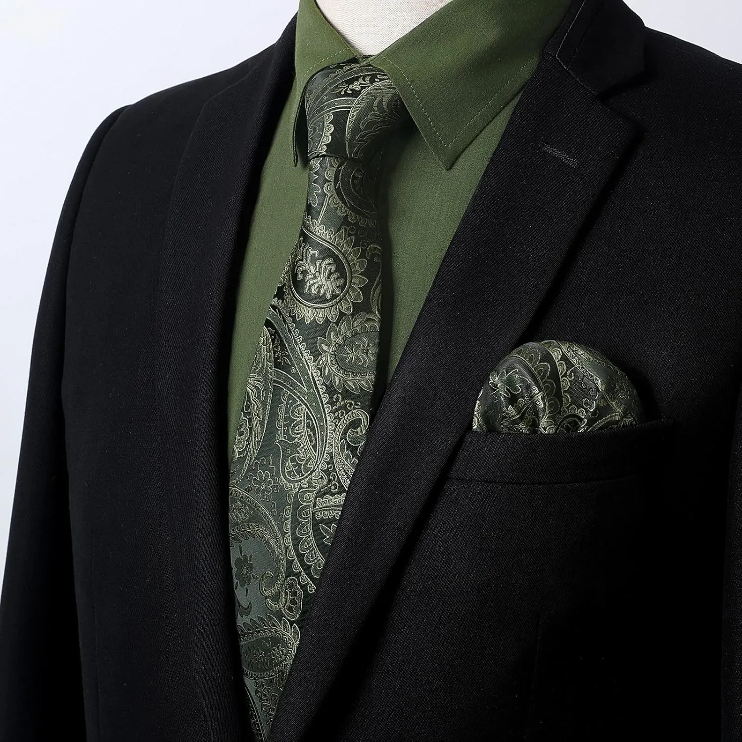 Men's Solid Long Sleeve Dress Shirt with Matching Tie and Handkerchief Set Classic Button Down Formal Business Shirts