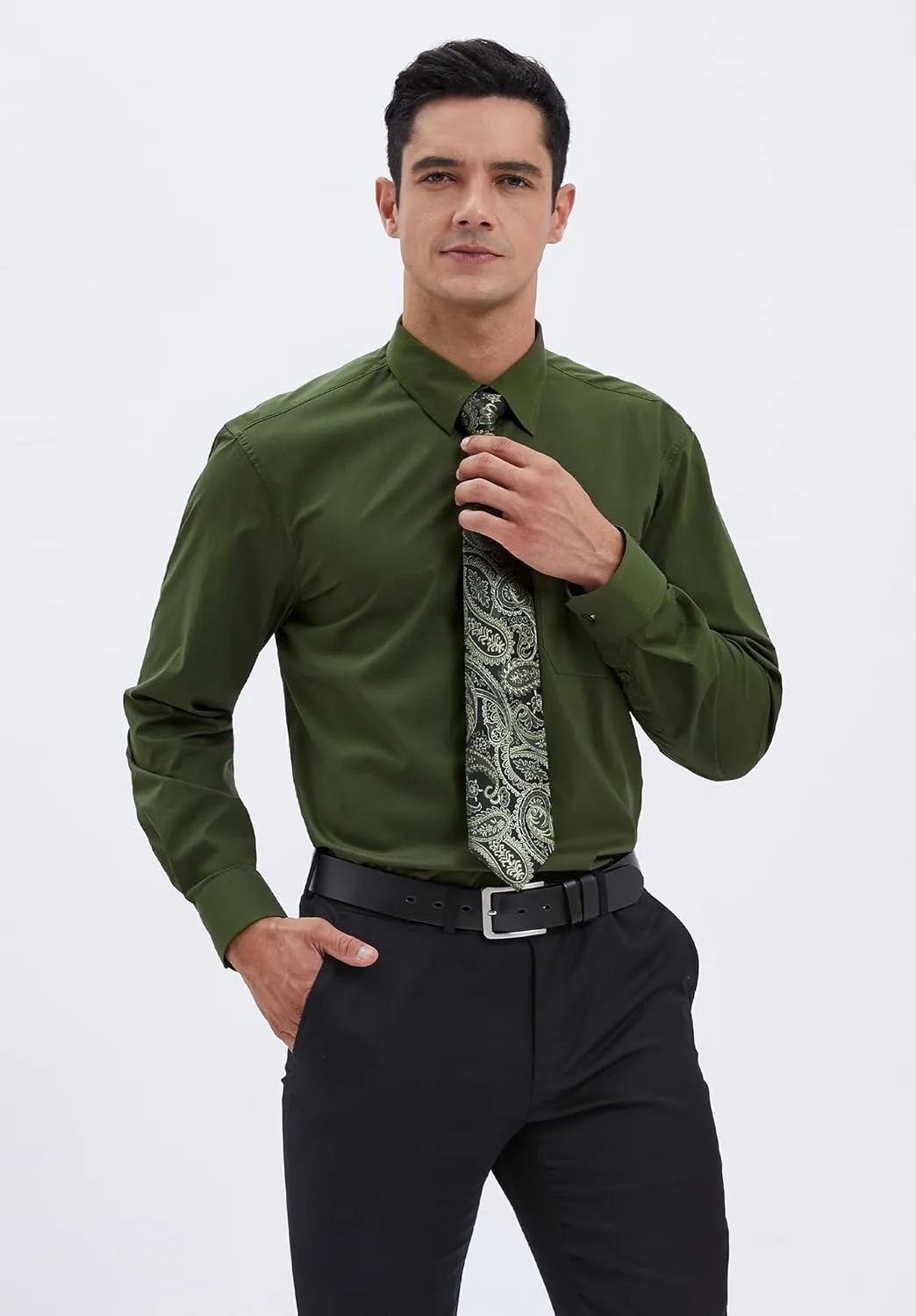 Men's Solid Long Sleeve Dress Shirt with Matching Tie and Handkerchief Set Classic Button Down Formal Business Shirts