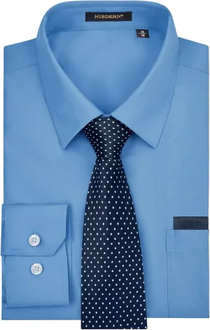 Men's Solid Long Sleeve Dress Shirt with Matching Tie and Handkerchief Set Classic Button Down Formal Business Shirts