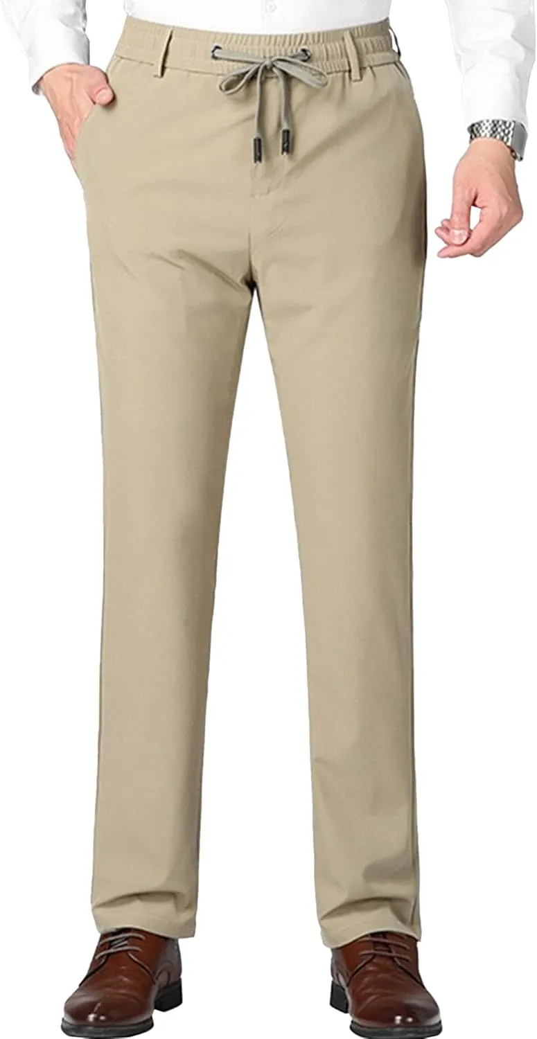 Men's Stretch Straight Leg Classic Pants Quick Dry Drawstring Summer Trousers Casual Solid Regular Fit Pants