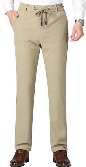 Men's Stretch Straight Leg Classic Pants Quick Dry Drawstring Summer Trousers Casual Solid Regular Fit Pants