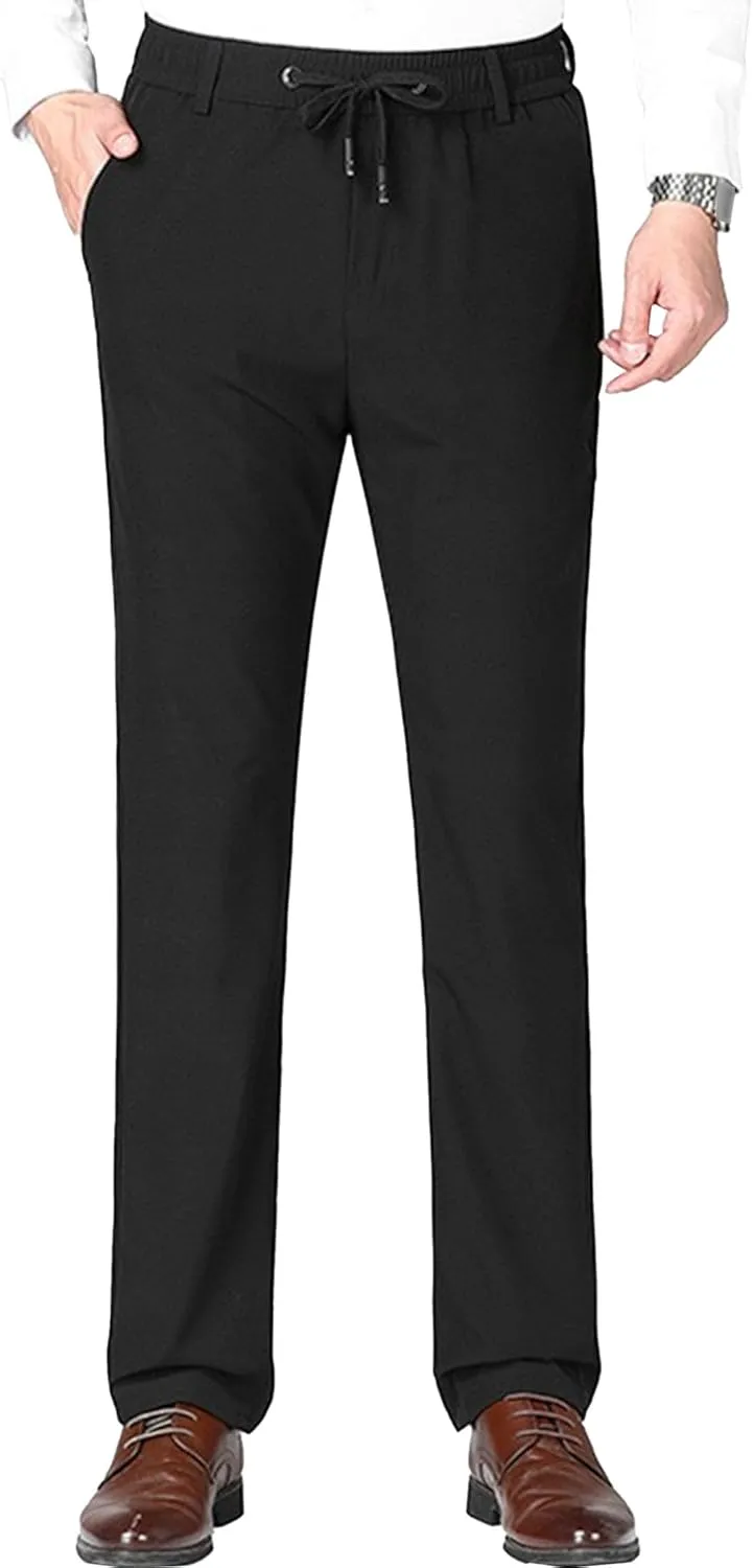 Men's Stretch Straight Leg Classic Pants Quick Dry Drawstring Summer Trousers Casual Solid Regular Fit Pants
