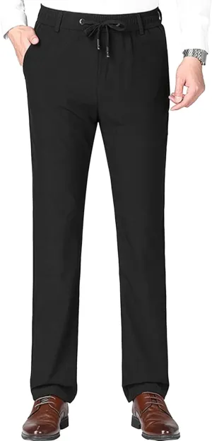 Men's Stretch Straight Leg Classic Pants Quick Dry Drawstring Summer Trousers Casual Solid Regular Fit Pants