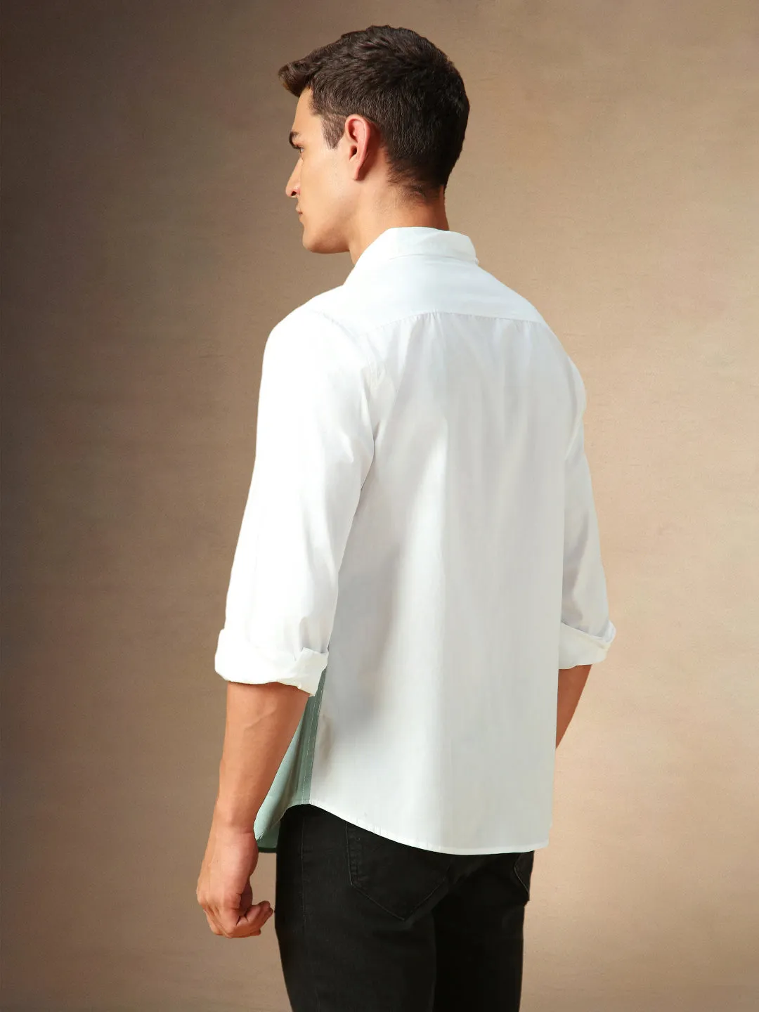 Men's White Colourblocked Spread Collar Full Sleeves Casual Shirt