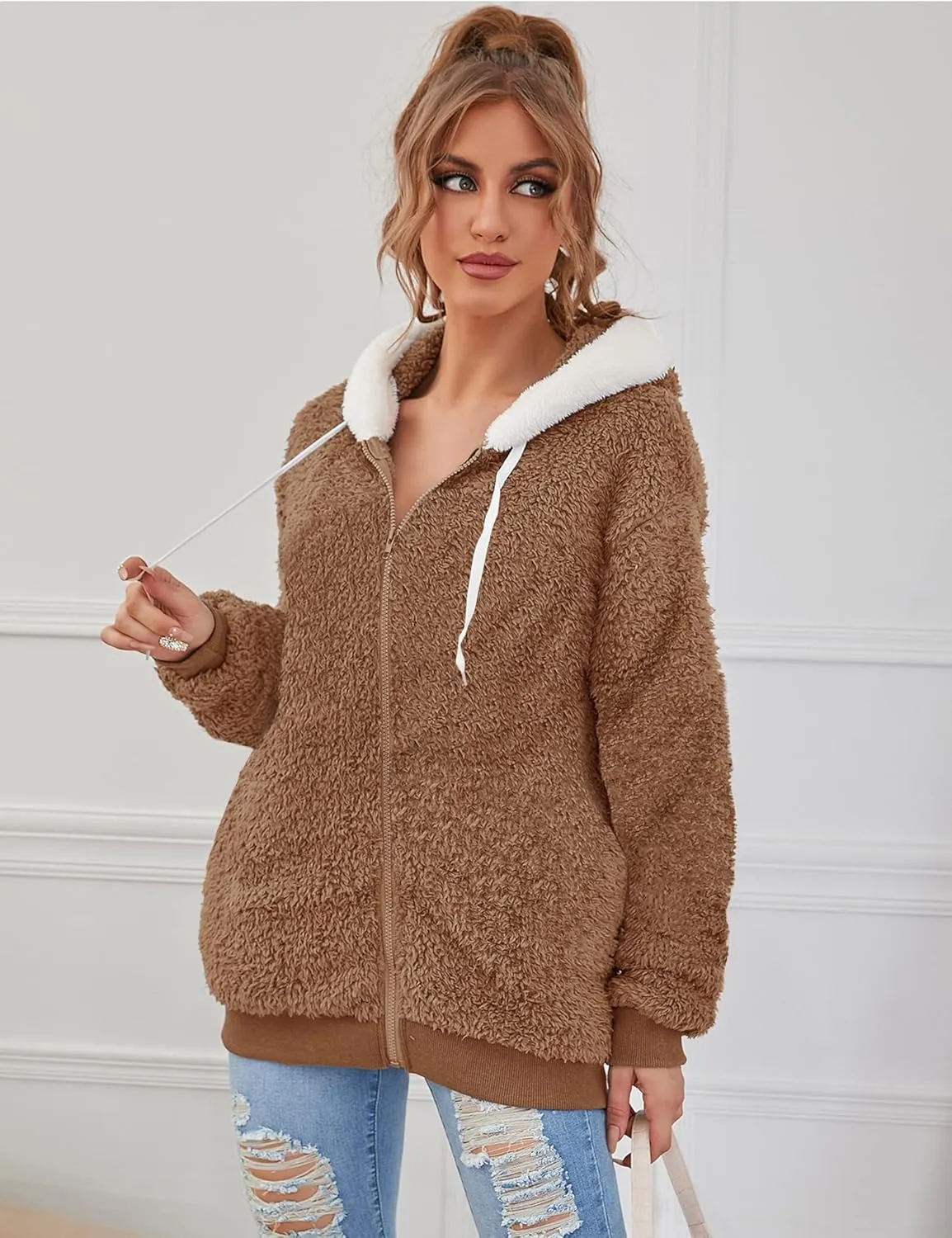 Micoson Women Warm Hooded Zip Up Fuzzy Winter Jacket with Pockets