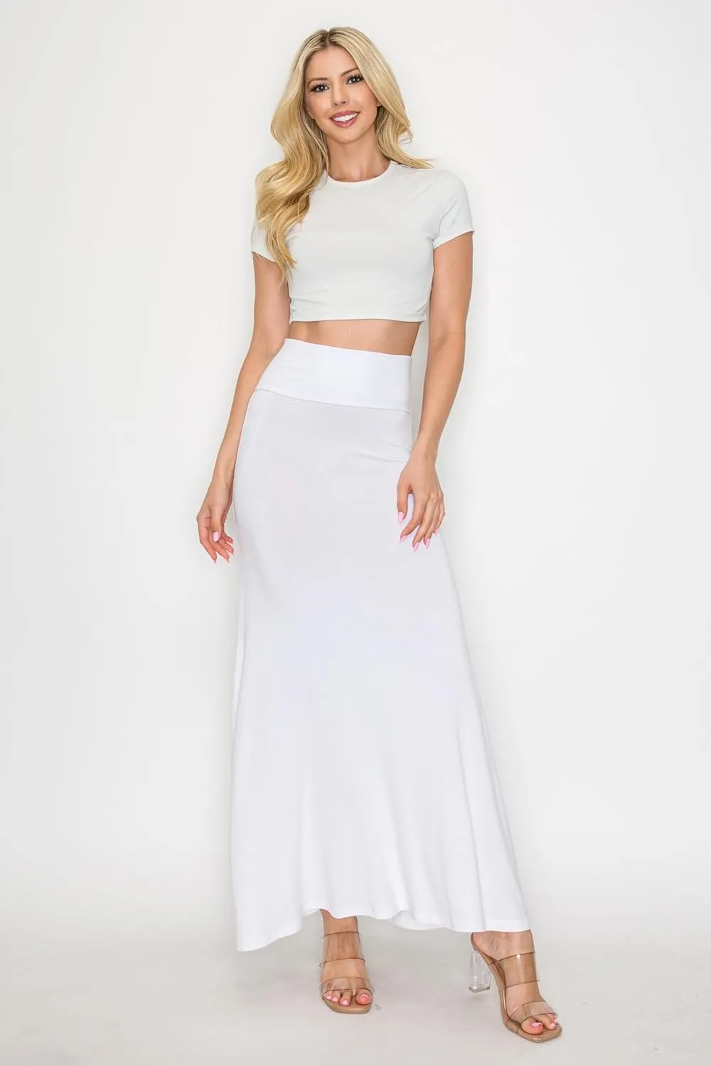 OMNIGENUS Women's Folded Wide Waist Band Long Maxi Skirt (S-XL)