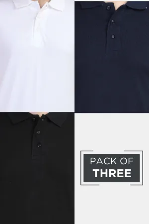 Pack Of 3 Polo T-Shirts White Black and Navy Blue for Men