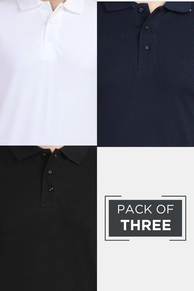 Pack Of 3 Polo T-Shirts White Black and Navy Blue for Men