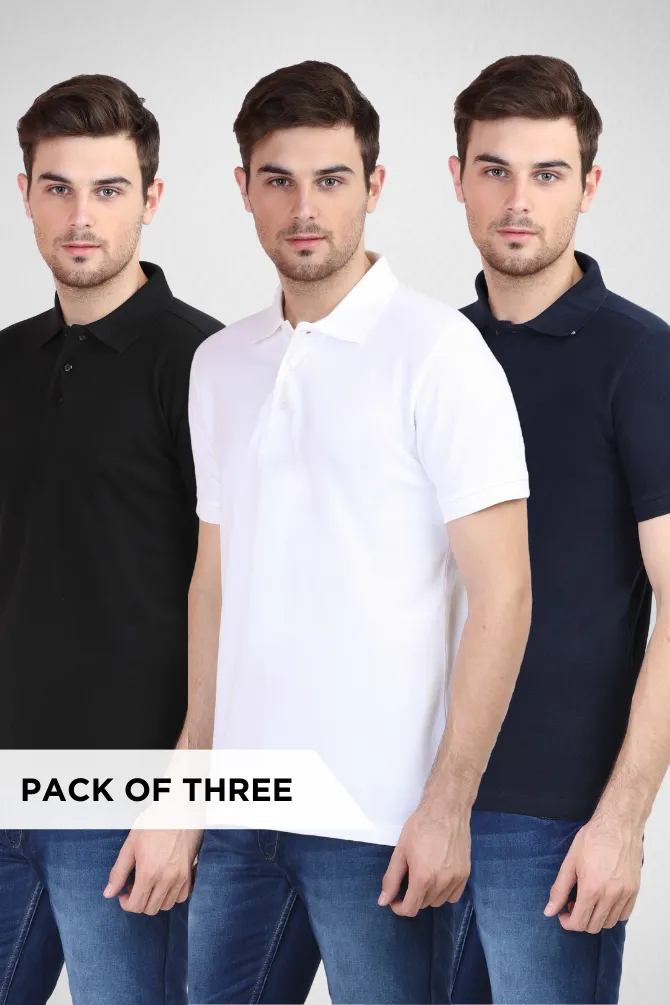 Pack Of 3 Polo T-Shirts White Black and Navy Blue for Men