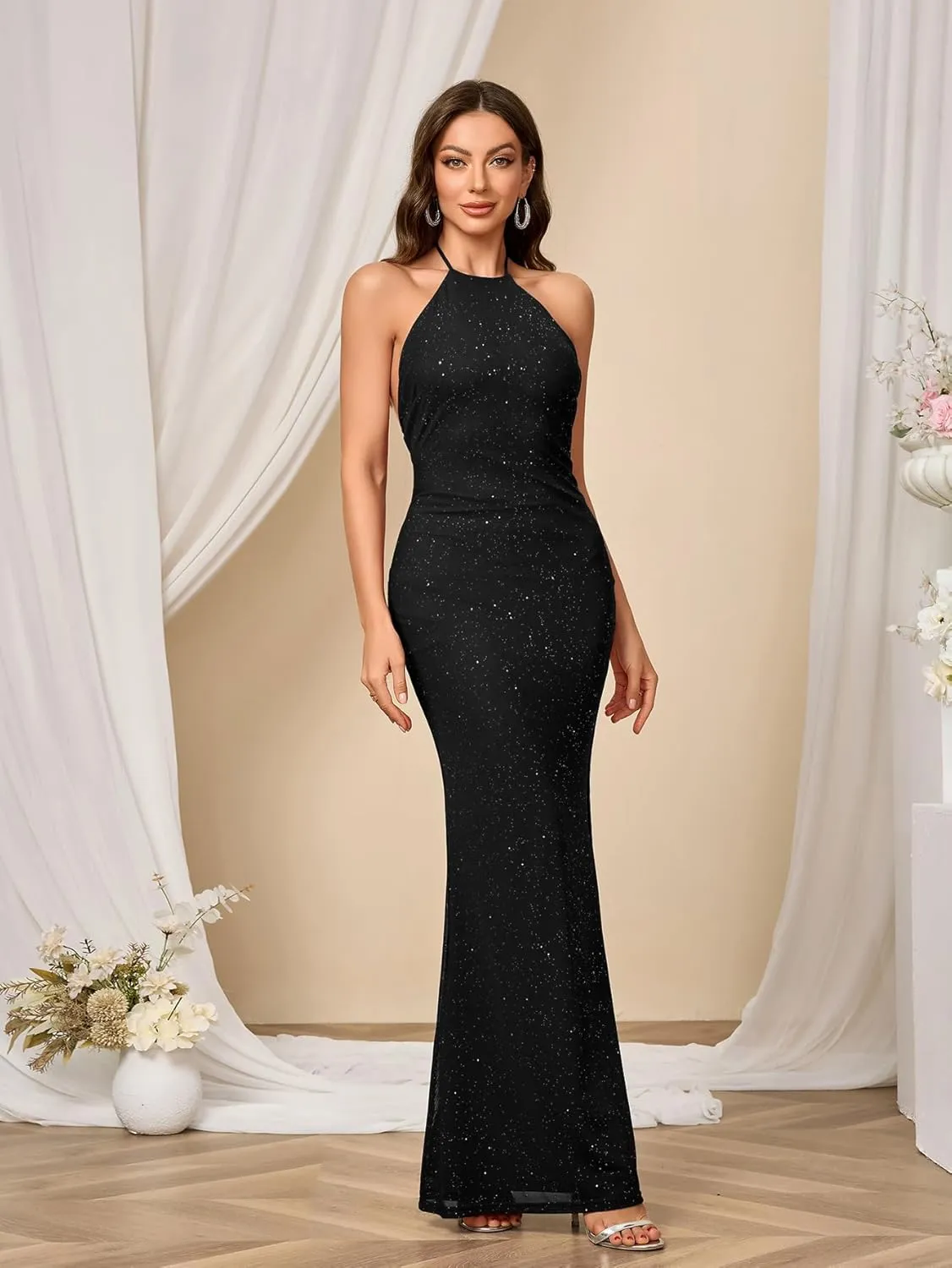 Parthea Women's Sexy Sequin Bodycon Backless Sparkly Mesh Evening Party Elegant Maxi Dresses