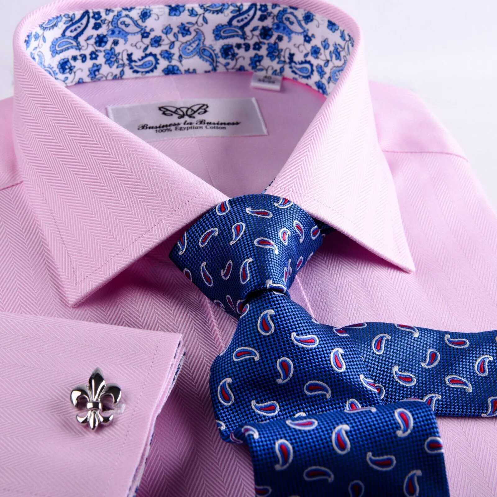 Pink Herringbone With Blue Paisley Inner Lining French Cuffs
