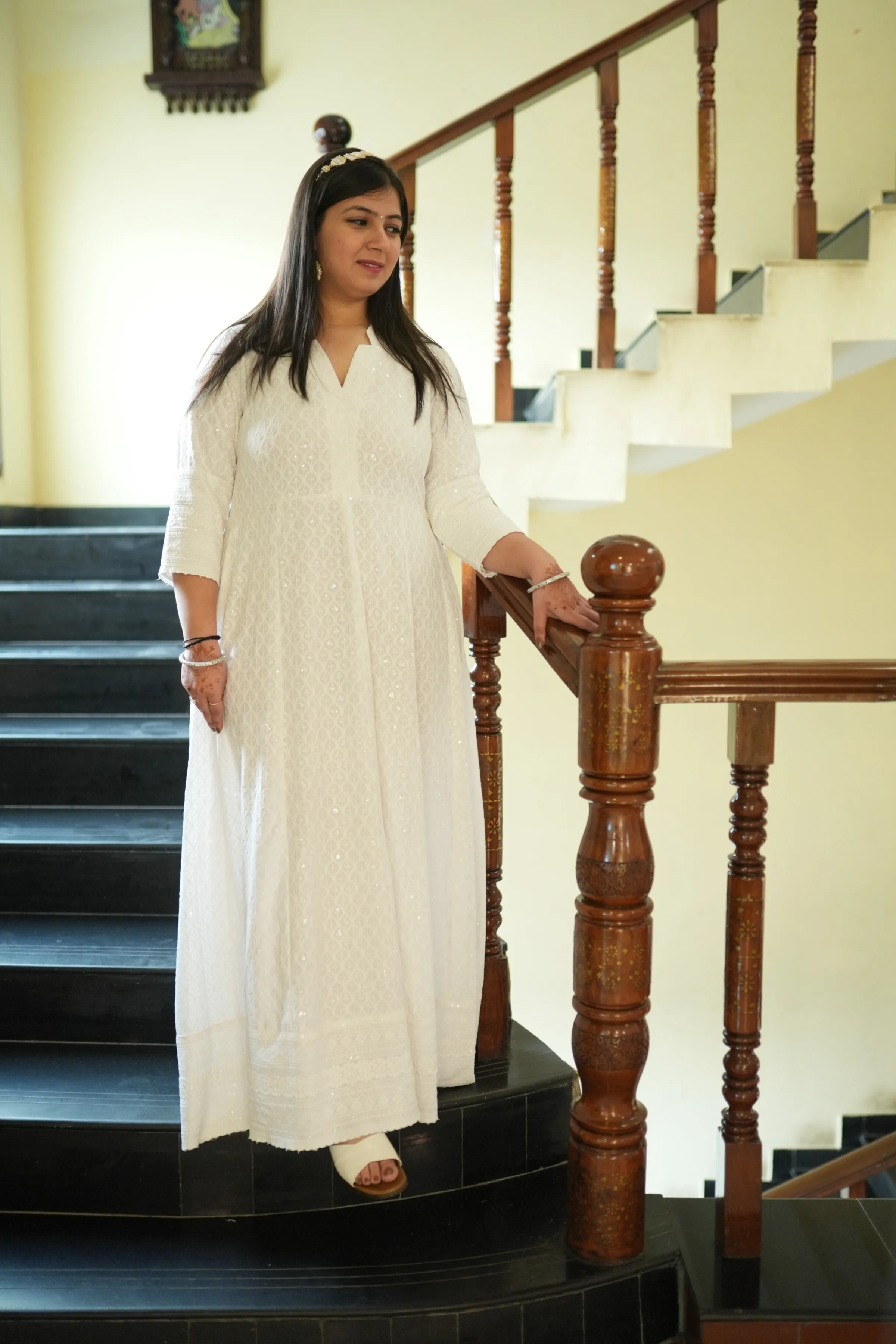 Radiant White Sequined Fancy Dress