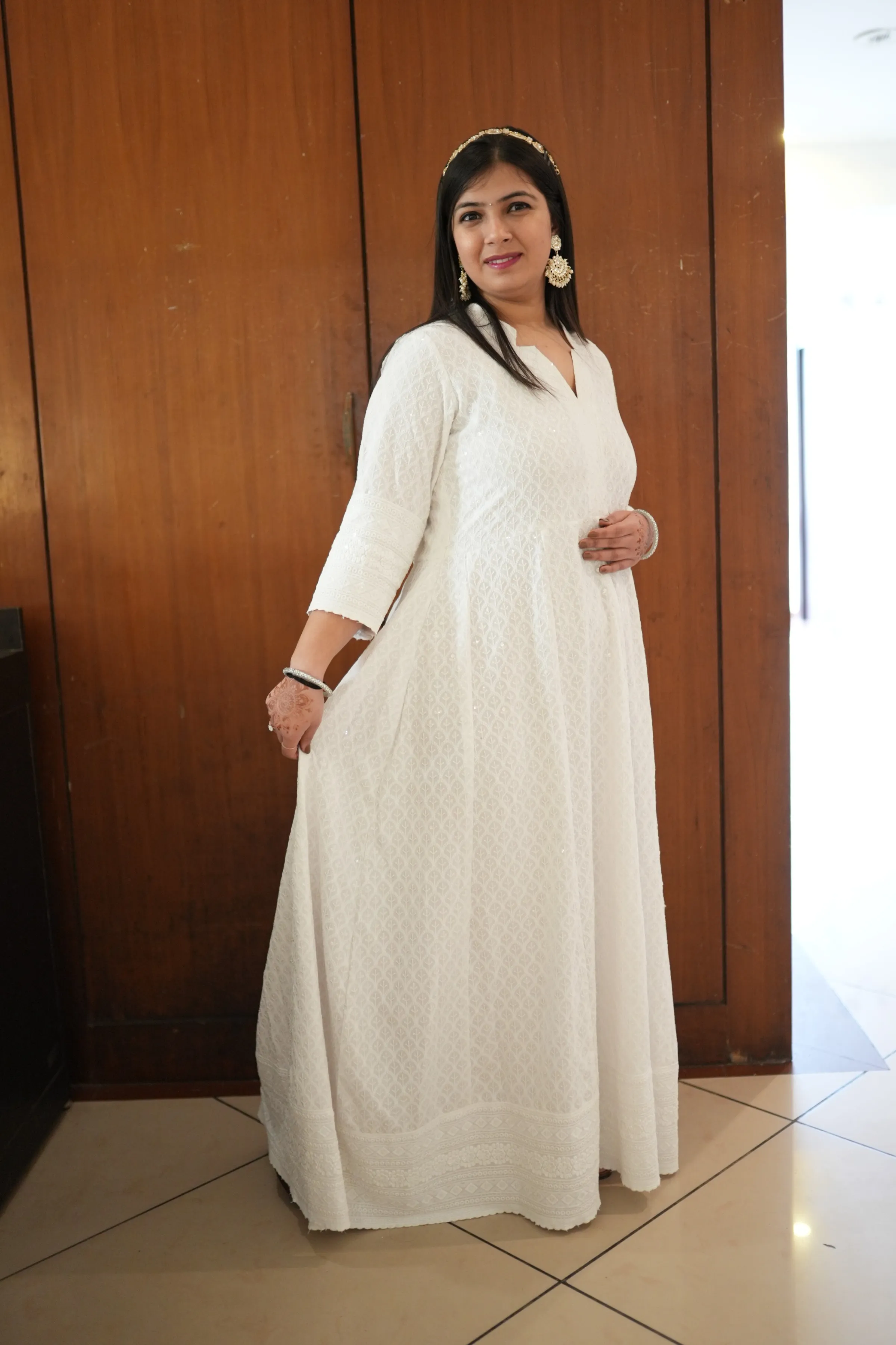 Radiant White Sequined Fancy Dress