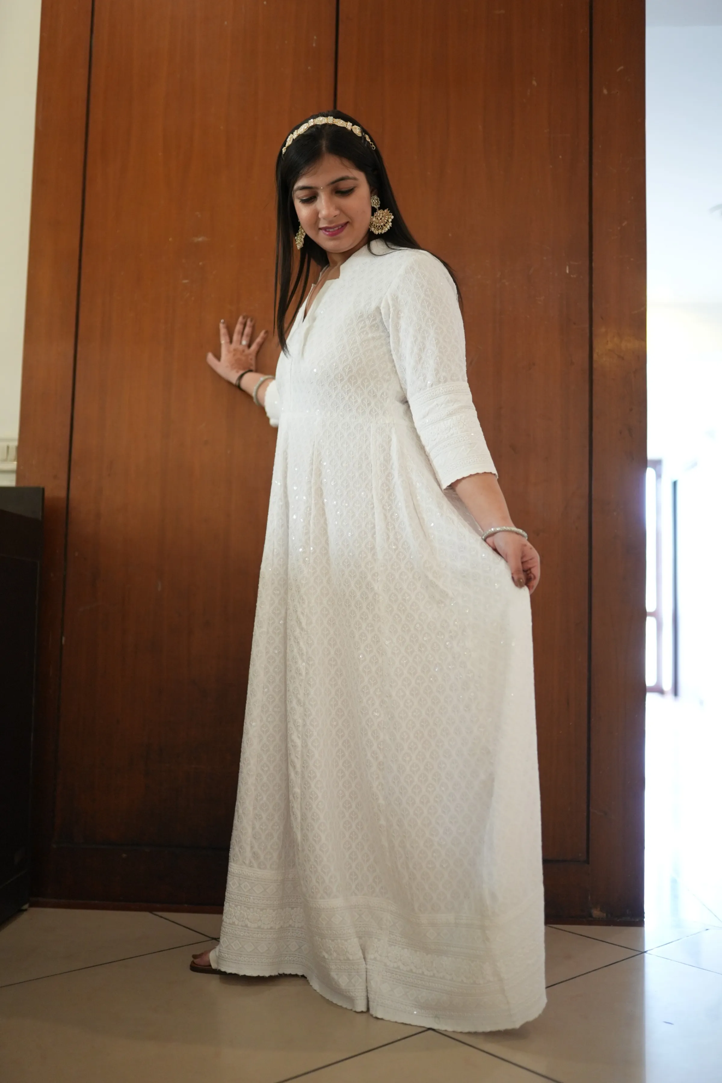 Radiant White Sequined Fancy Dress
