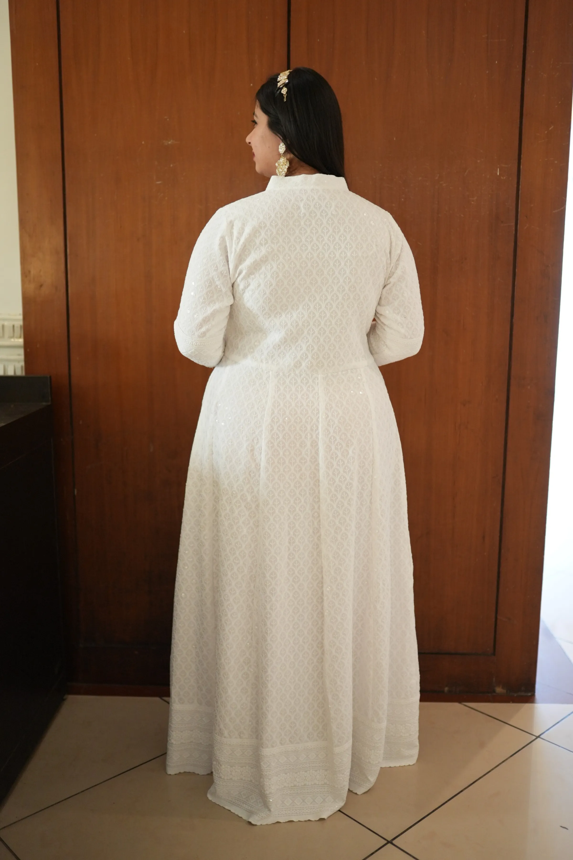 Radiant White Sequined Fancy Dress