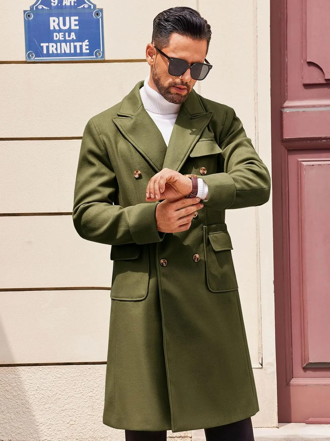 Runcati Mens Trench Coat Notch Lapel Long Jacket Double Breasted Classic Winter Overcoat