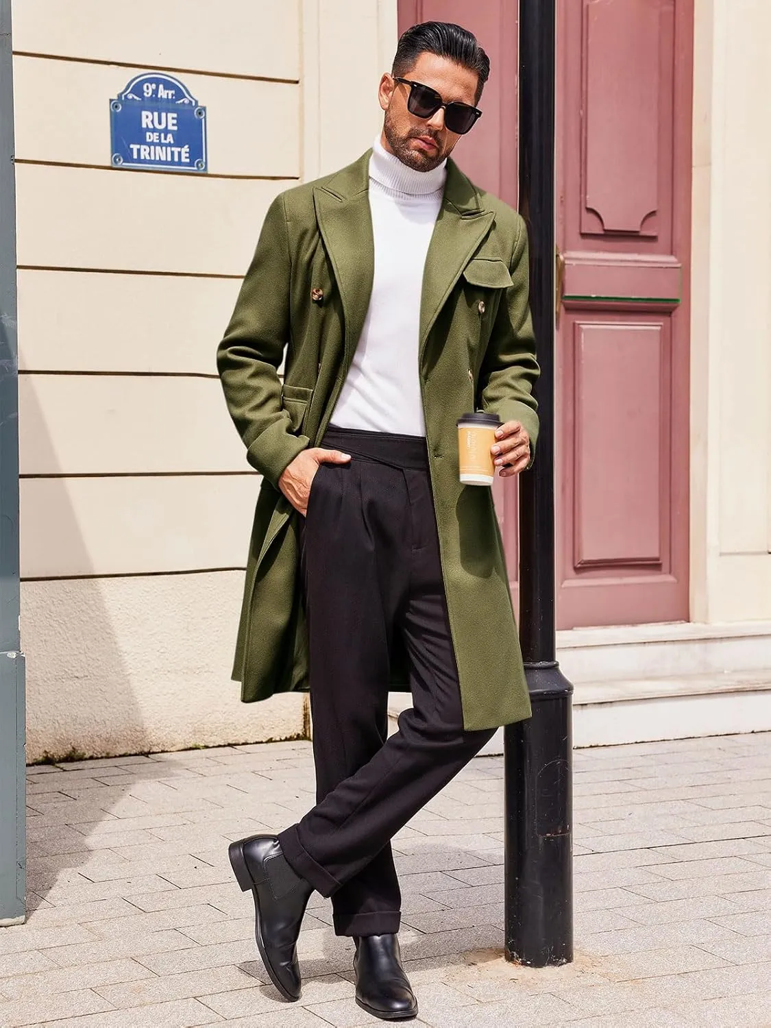 Runcati Mens Trench Coat Notch Lapel Long Jacket Double Breasted Classic Winter Overcoat
