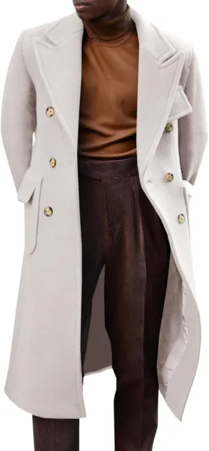Runcati Mens Trench Coat Notch Lapel Long Jacket Double Breasted Classic Winter Overcoat