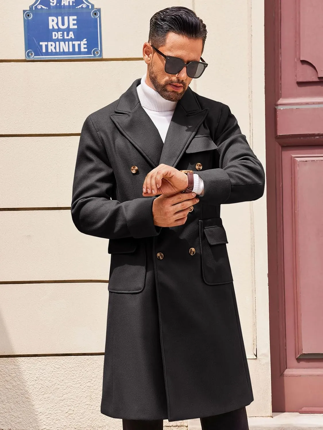 Runcati Mens Trench Coat Notch Lapel Long Jacket Double Breasted Classic Winter Overcoat