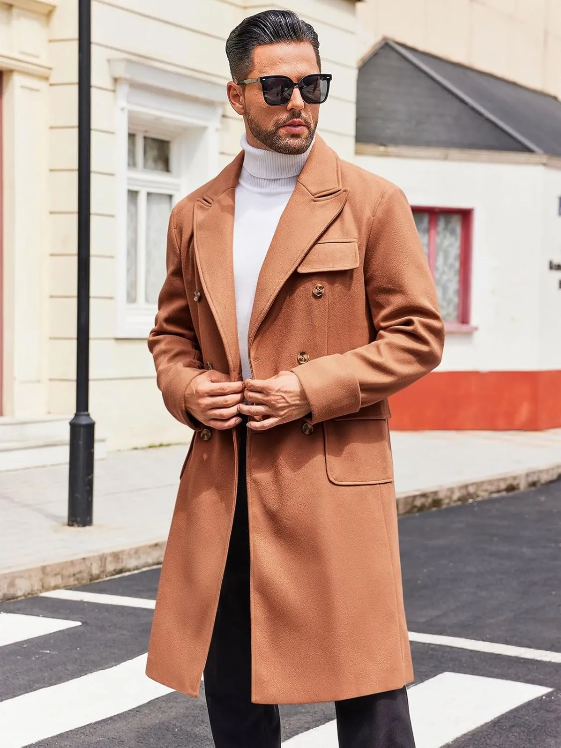 Runcati Mens Trench Coat Notch Lapel Long Jacket Double Breasted Classic Winter Overcoat