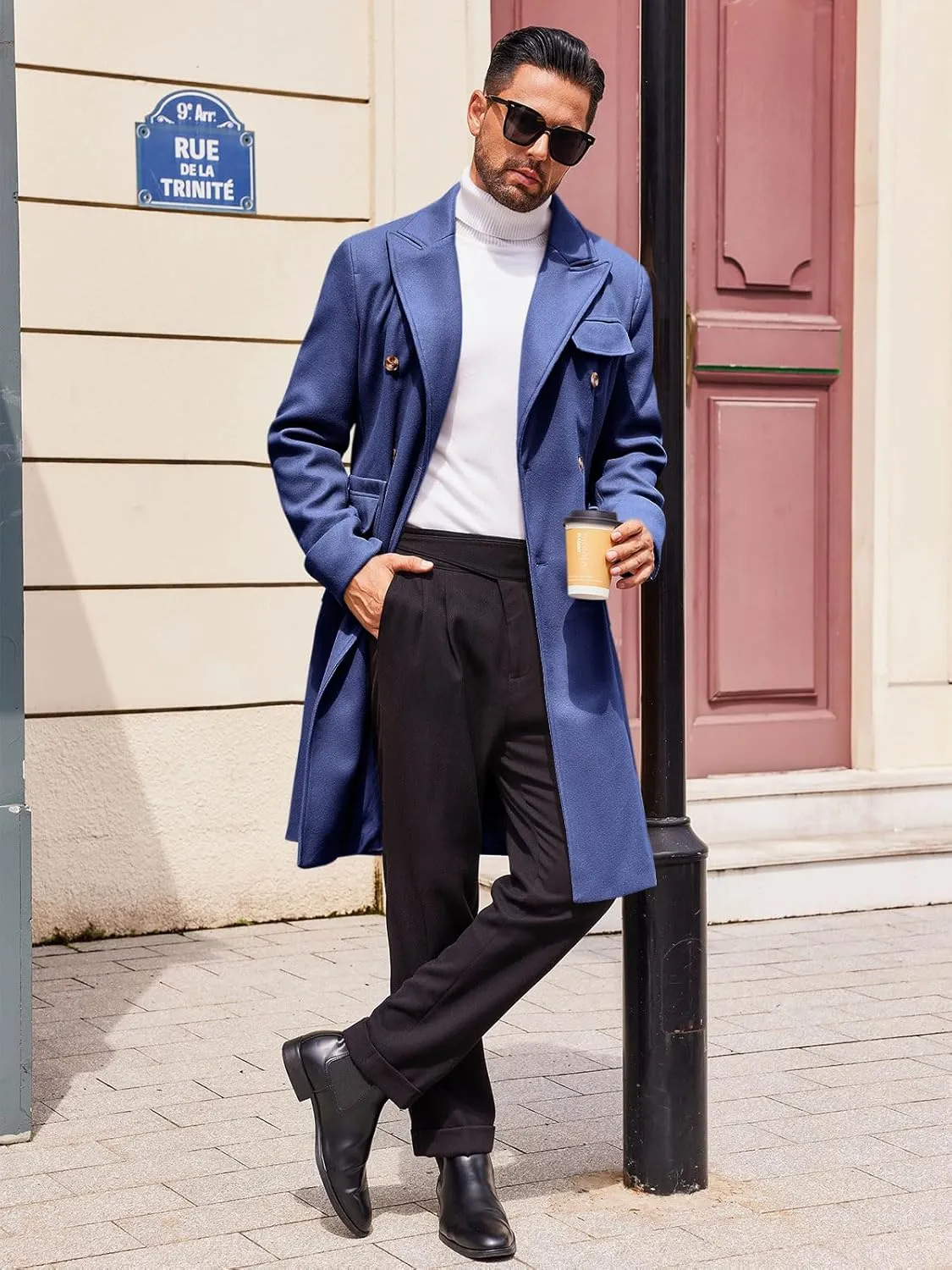 Runcati Mens Trench Coat Notch Lapel Long Jacket Double Breasted Classic Winter Overcoat