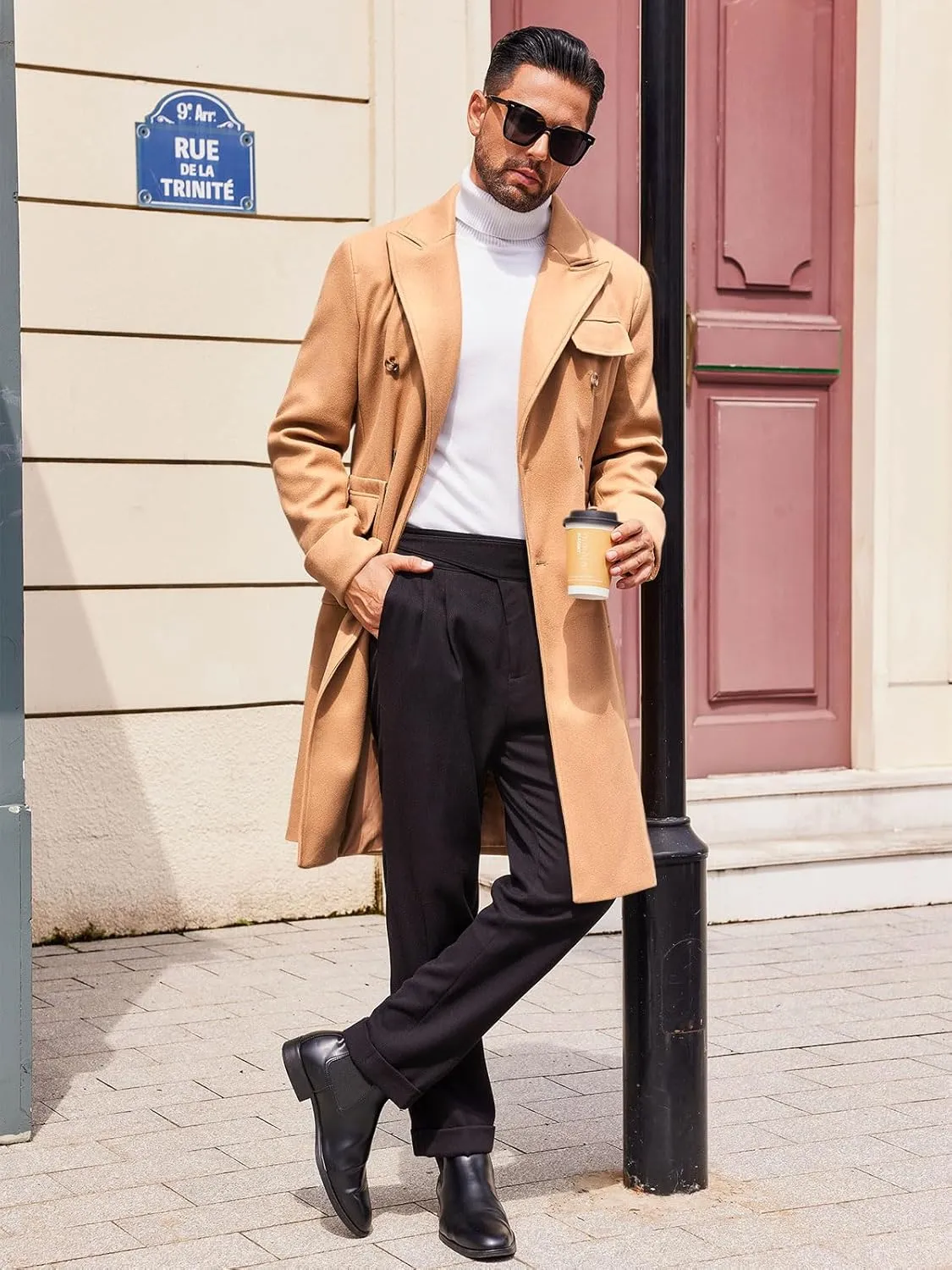 Runcati Mens Trench Coat Notch Lapel Long Jacket Double Breasted Classic Winter Overcoat