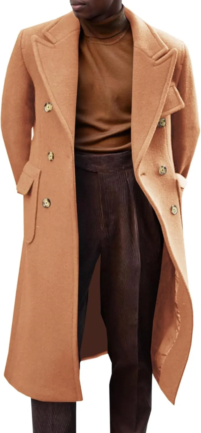 Runcati Mens Trench Coat Notch Lapel Long Jacket Double Breasted Classic Winter Overcoat
