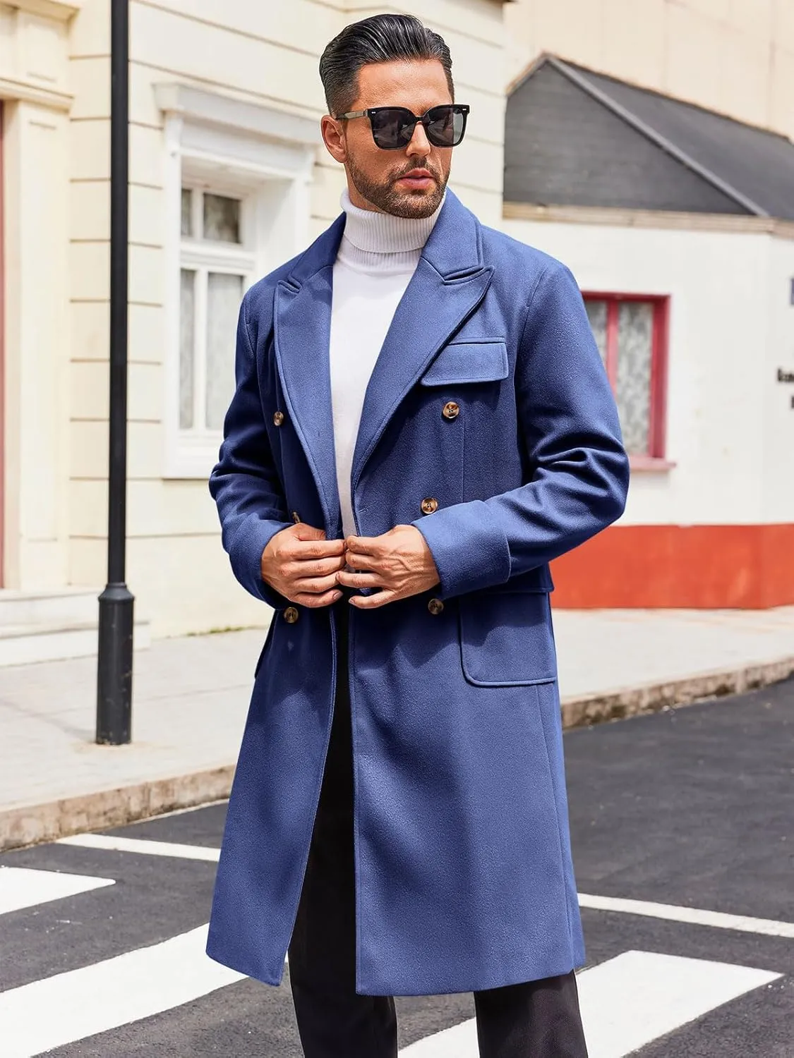 Runcati Mens Trench Coat Notch Lapel Long Jacket Double Breasted Classic Winter Overcoat