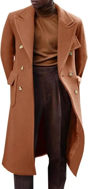 Runcati Mens Trench Coat Notch Lapel Long Jacket Double Breasted Classic Winter Overcoat