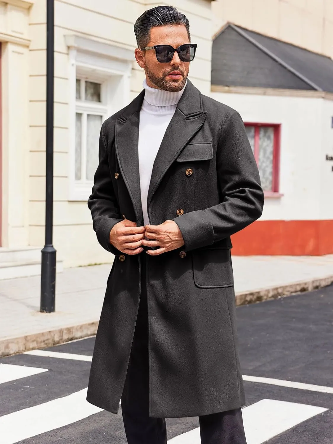 Runcati Mens Trench Coat Notch Lapel Long Jacket Double Breasted Classic Winter Overcoat