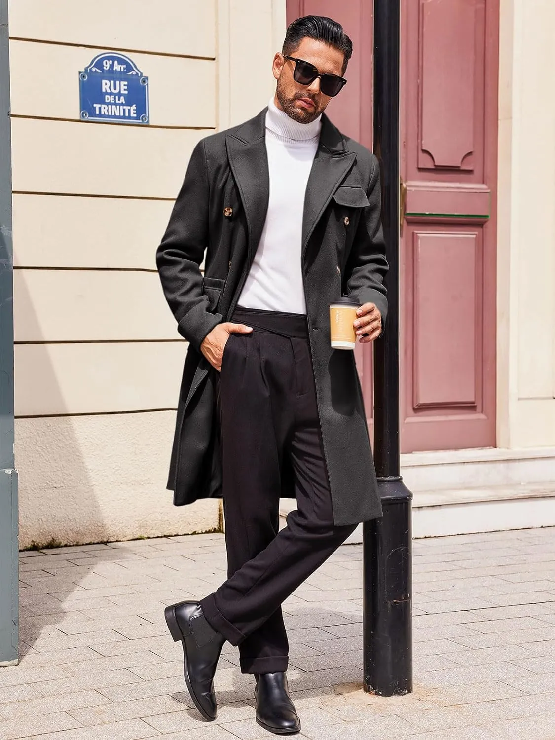 Runcati Mens Trench Coat Notch Lapel Long Jacket Double Breasted Classic Winter Overcoat