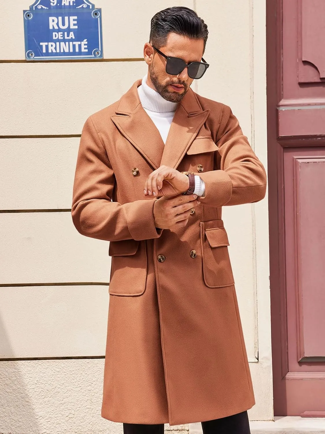 Runcati Mens Trench Coat Notch Lapel Long Jacket Double Breasted Classic Winter Overcoat