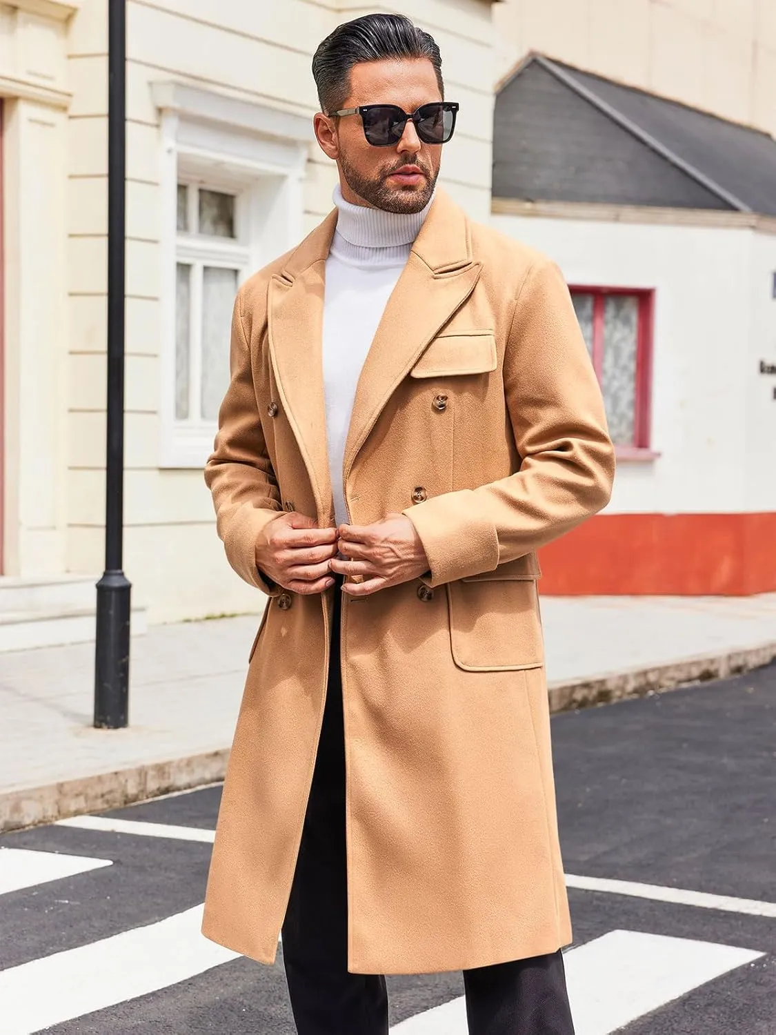 Runcati Mens Trench Coat Notch Lapel Long Jacket Double Breasted Classic Winter Overcoat